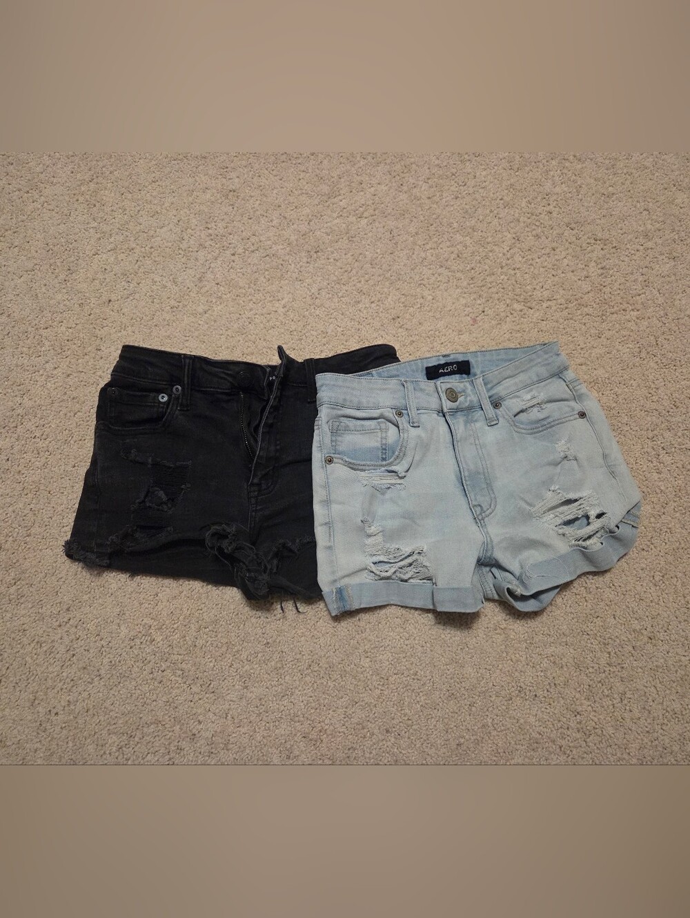 AERO Distressed Light Wash Denim Shorts + Black Ripped Denim Shorts